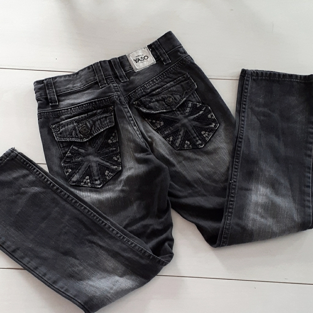 + Yaso black wash jeans with Union Jack pockets